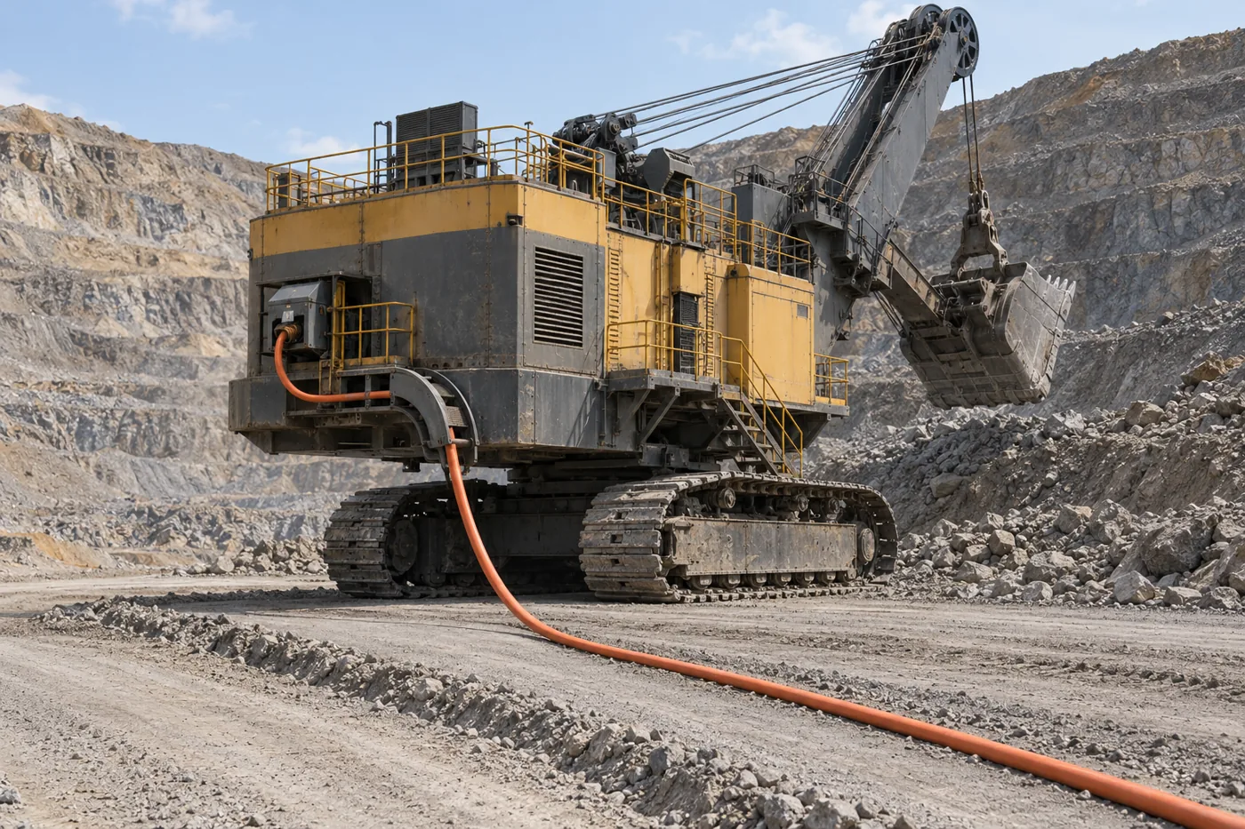 Orange mining trailing cable routed from the rear of an electric rope shovel in an open-pit mine