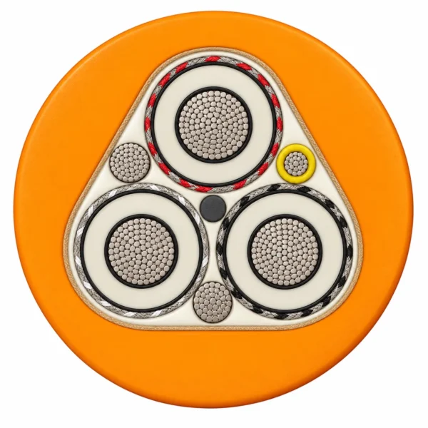 (N)TMCGEH3S 3+2+1 cable cross-section (N)TMCGEH3S cross-section showing three screened phases, two bare earth conductors and a yellow-insulated pilot
