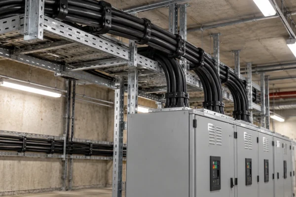 Медный силовой кабель NYY с изоляцией PVC 0.6/1 kV — применение Фиксированные силовые кабели NYY аккуратно закреплены на кабельном лотке в промышленном электрощитовом помещении.