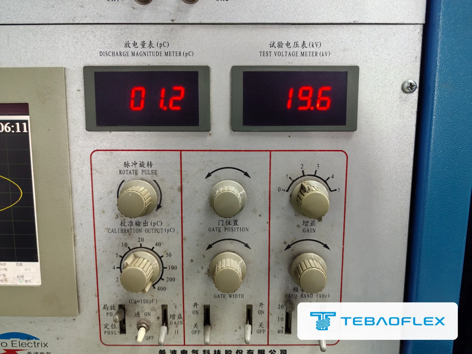 Partial discharge test panel: discharge magnitude 1.2 pC with the test voltage at 19.6 kV