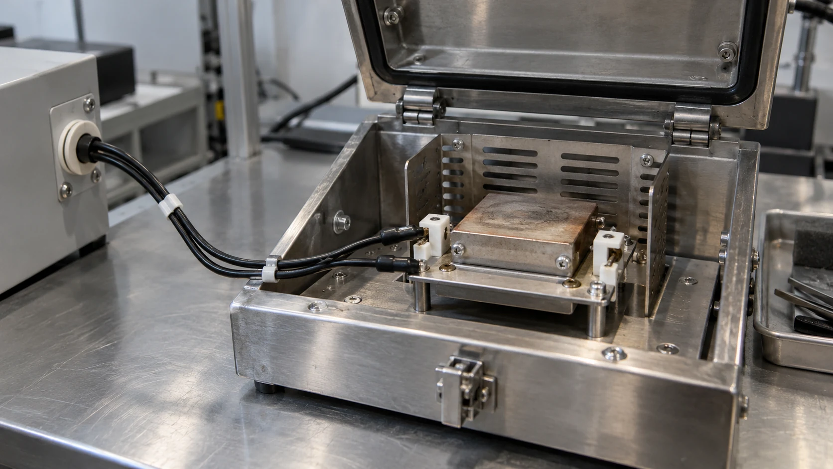 PFA high voltage wire — application PFA insulated leads routed to ceramic terminals in a temperature test fixture