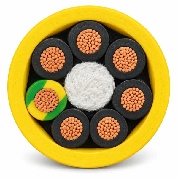 S07BQ-F seven-core cable construction S07BQ-F seven-core cross-section showing six black XLPE cores, one green-yellow earth core, central packing and yellow PUR sheath