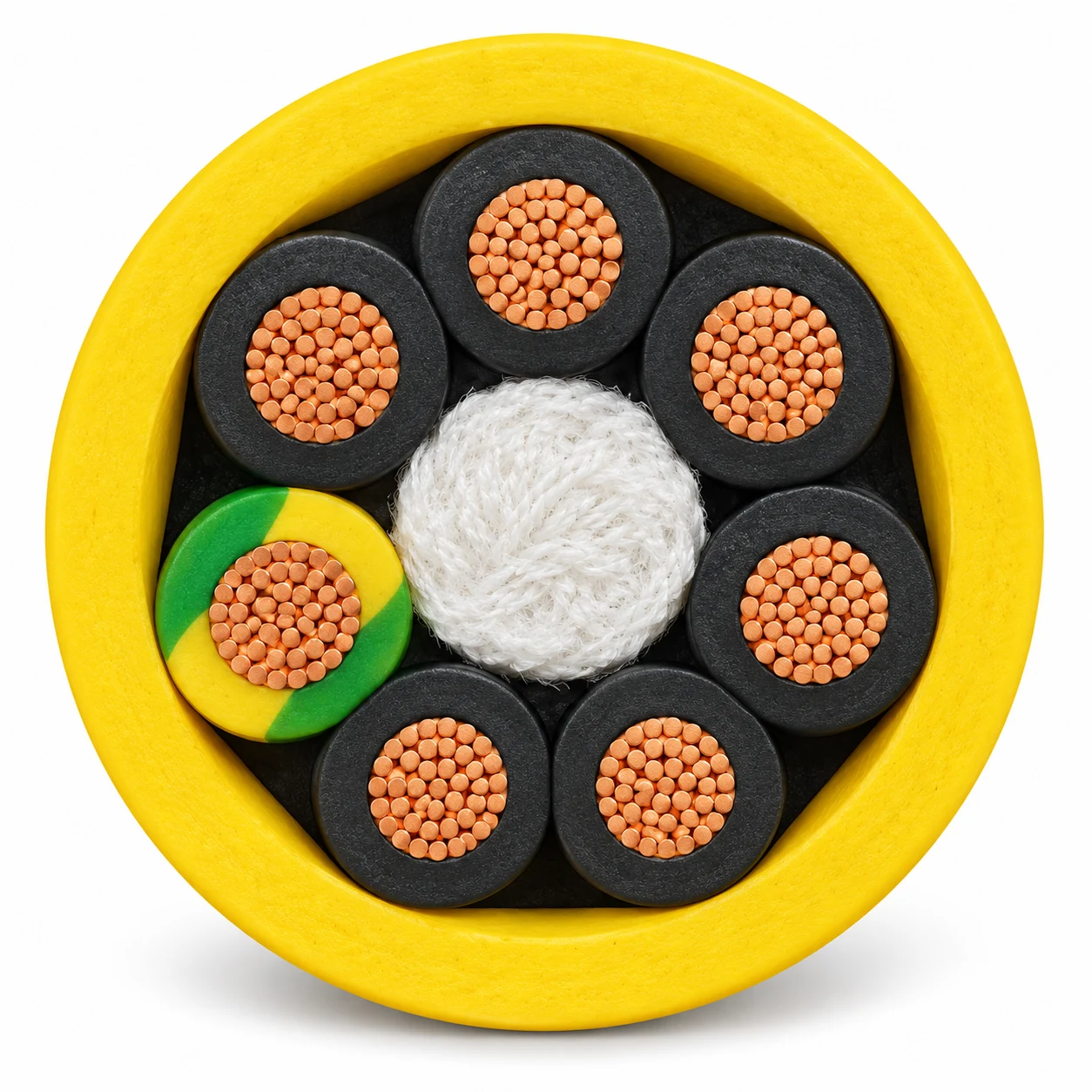 S07BQ-F seven-core cross-section showing six black XLPE cores, one green-yellow earth core, central packing and yellow PUR sheath