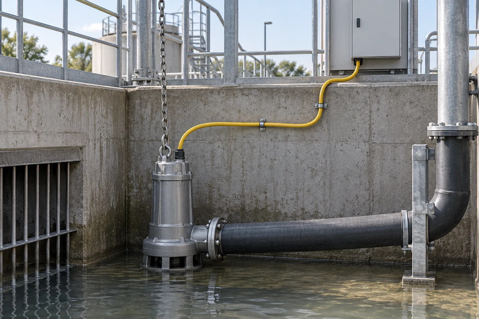 Yellow S07BQ-F power cable routed to a submersible pump with a separate lifting chain