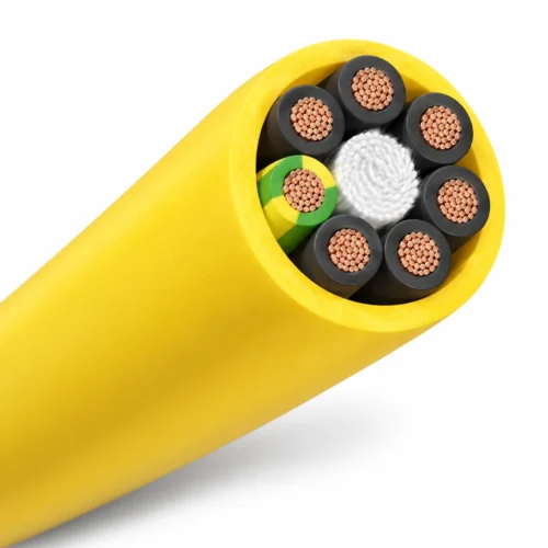 S07BQ-F cable cutaway with yellow PUR sheath, seven insulated bare-copper cores and white central packing