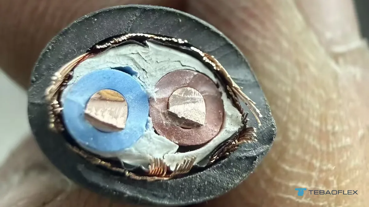 Срез экранированного кабеля TEBAOFLEX 2×2.5 mm² 300/500 V между двумя пальцами: медные жилы с синей и коричневой изоляцией из PVC, белые заполнители, экран из медной проволочной оплётки и чёрная оболочка из PVC