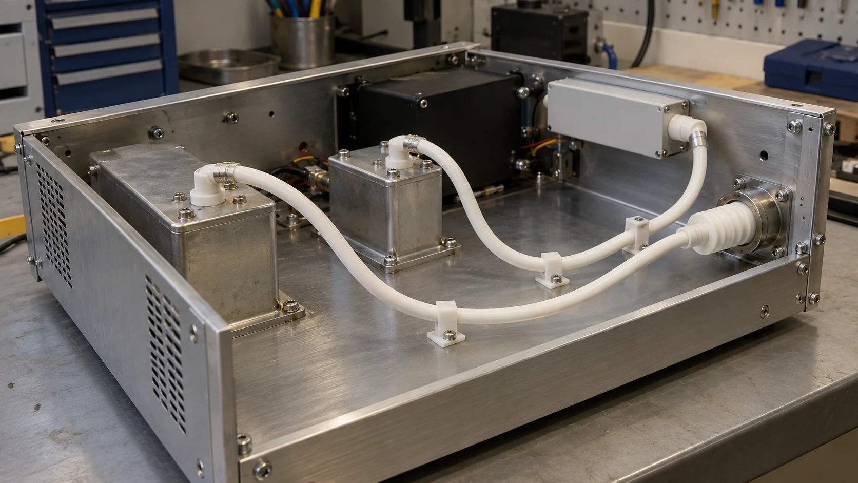 Semiconductive layer silicone high voltage wire — application White silicone insulated leads routed between an equipment module and insulated feedthroughs