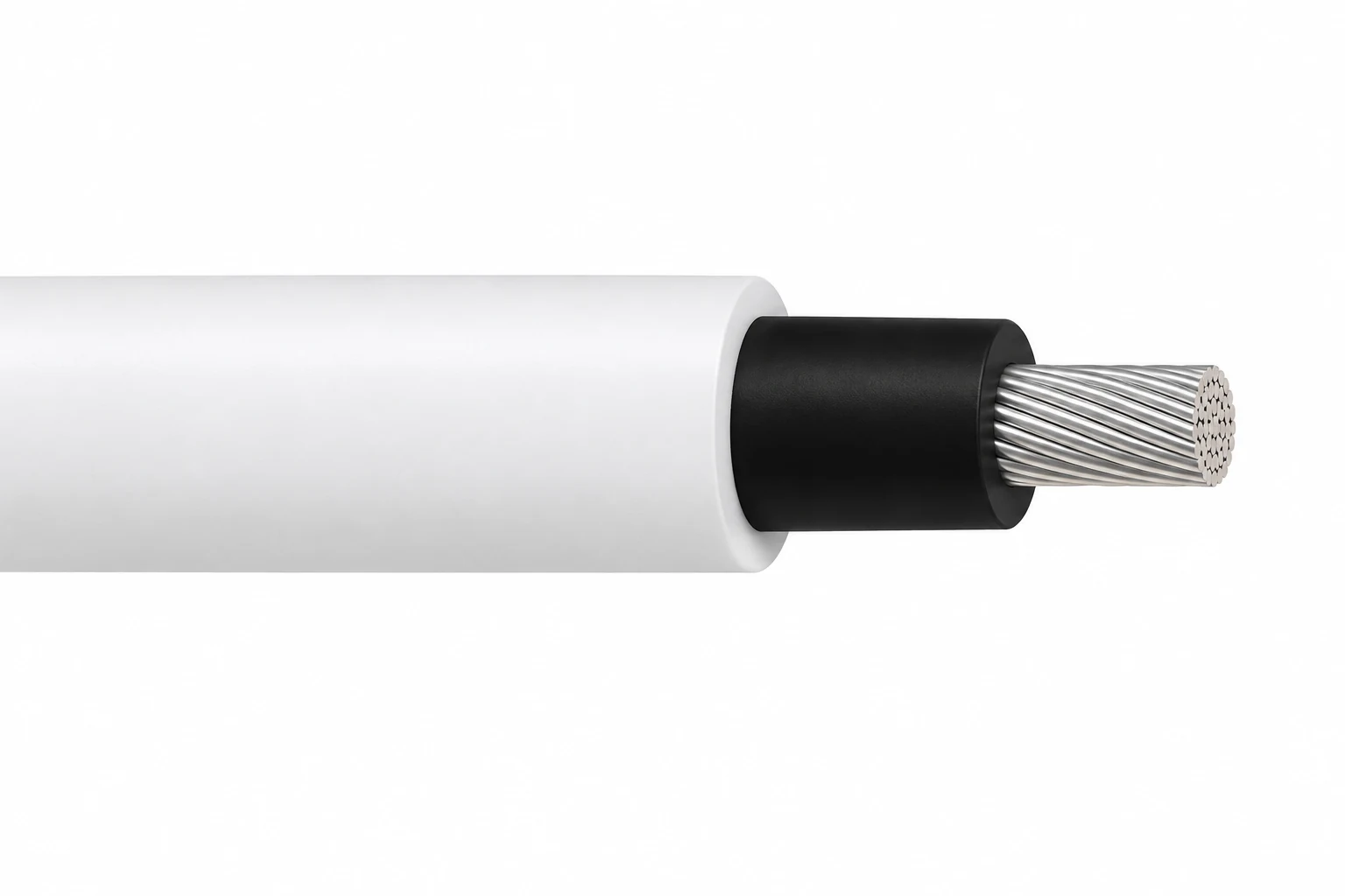 Semiconductive layer silicone high voltage wire — main Semiconductive layer silicone high voltage wire with insulation stripped back to show its stranded conductor, black semiconductive layer and silicone insulation