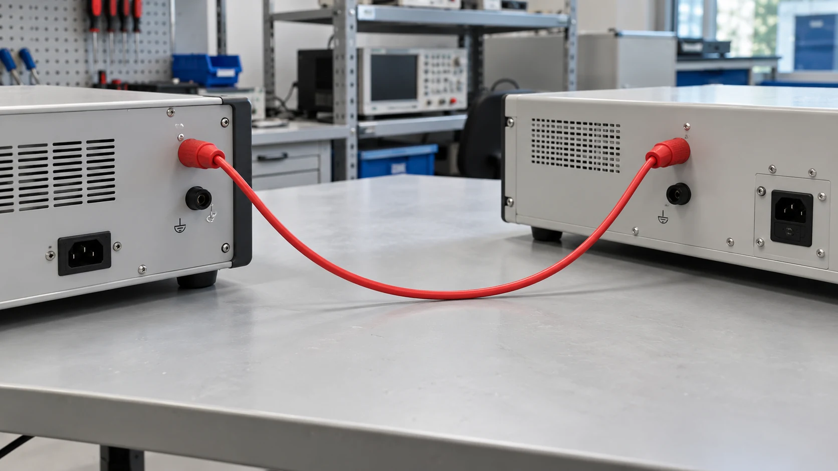 Shielded silicone high voltage cable — application Red shielded silicone cable connecting two enclosed laboratory instruments