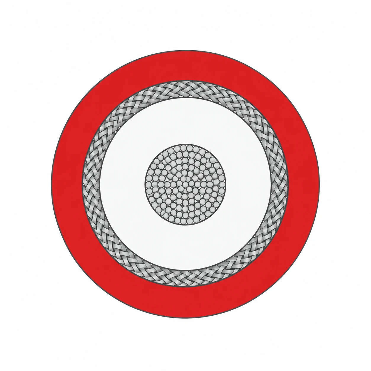 Shielded silicone high voltage cable — construction Shielded silicone high voltage cable cross-section showing stranded conductor, silicone insulation, metallic braid and silicone jacket