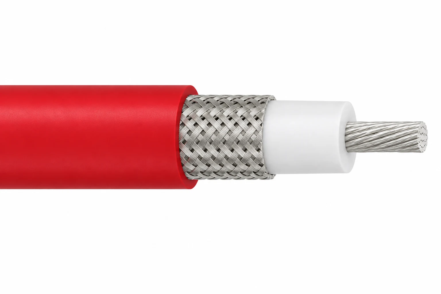 Shielded silicone high voltage cable — main Shielded silicone high voltage cable with insulation stripped back to show its stranded conductor, silicone insulation, metallic braid and silicone jacket