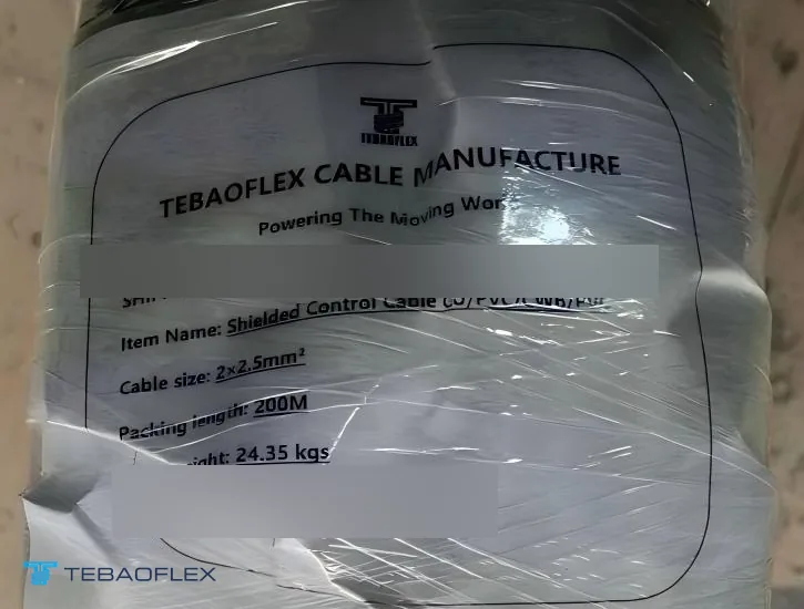 Упаковочная этикетка TEBAOFLEX на бухте: экранированный контрольный кабель CU/PVC/CWB/PVC, размер 2×2.5 mm², длина в упаковке 200 m