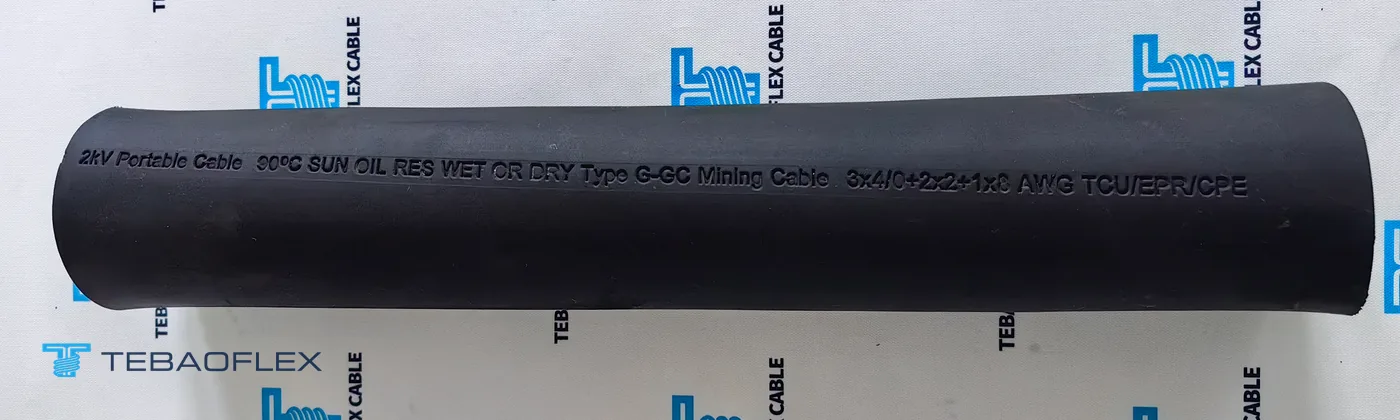 Marquage de la gaine du câble Type G-GC : 2kV Portable Cable 90°C SUN OIL RES WET OR DRY Type G-GC Mining Cable 3x4/0+2x2+1x8 AWG TCU/EPR/CPE