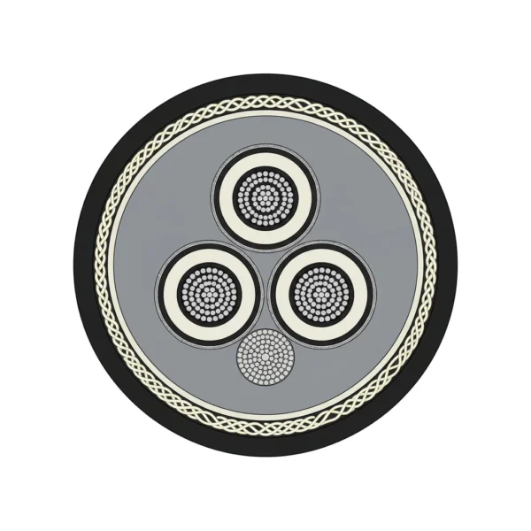 Hochspannungs-Tagebau-Schleppleitung UGF & UGEFP (3.6/6–6/10 kV) — Querschnitt Querschnitt der Tagebau-Schleppleitung UGF und UGEFP 3.6/6–6/10 kV mit drei dreifach extrudierten geschirmten EPR-Leistungsadern, einem im Zwickel liegenden verzinnten Kupfer-Schutzleiter und einem geflechtverstärkten Gummiaußenmantel
