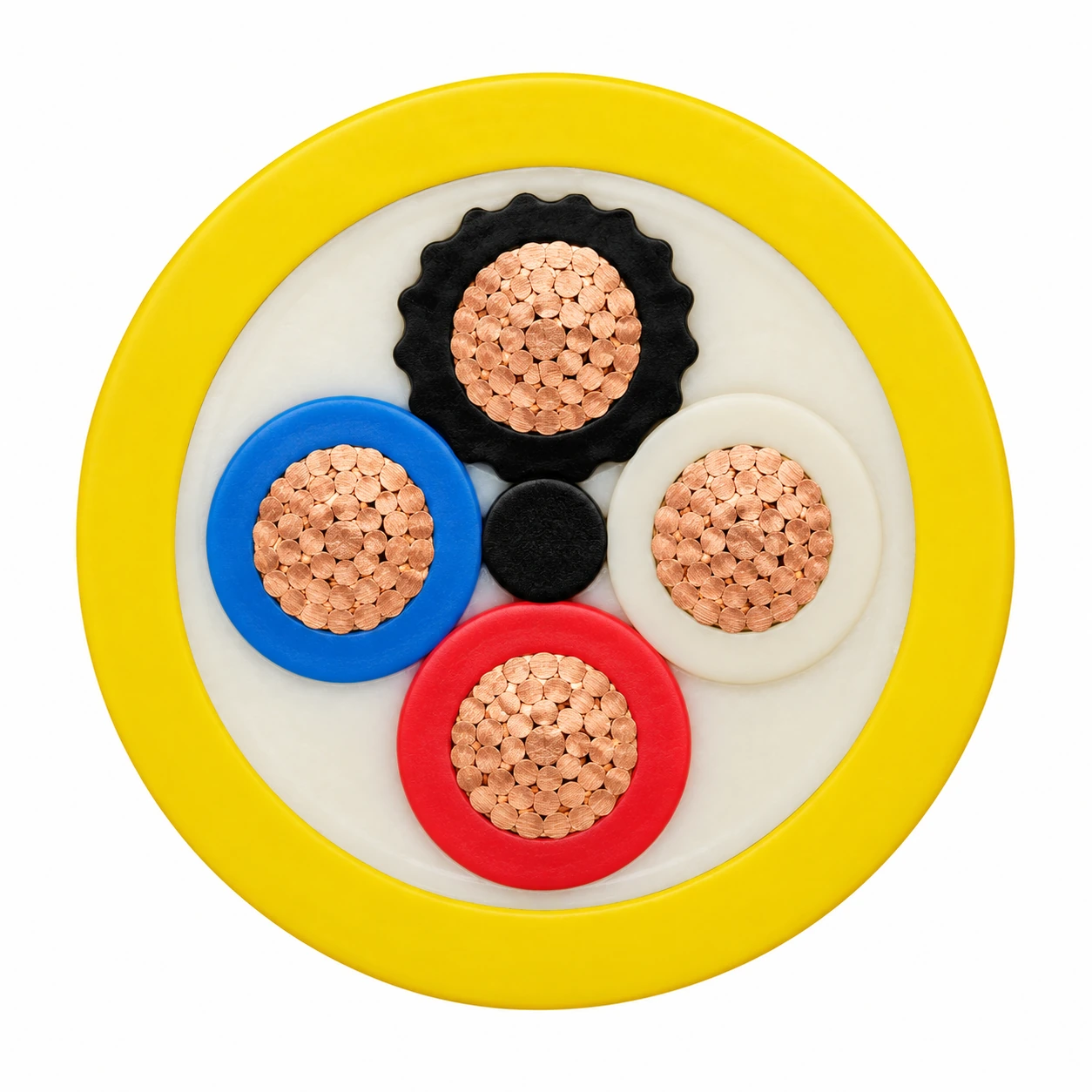 Secção YnOGY de quatro condutores com três de potência coloridos, um de proteção preto corrugado, enchimento central e bainha PVC amarela