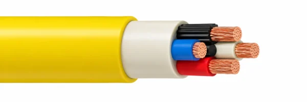Cabo mineiro amarelo YnOGY 3 × 6 + 6 mm² com quatro condutores de cobre compactamente dispostos e bainhas PVC em degraus