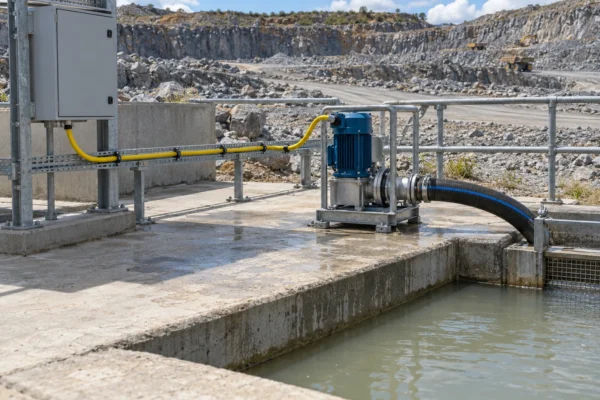Cabo mineiro YnOGY amarelo que liga um quadro de alimentação mineiro fechado a uma bomba portátil num percurso com apoios